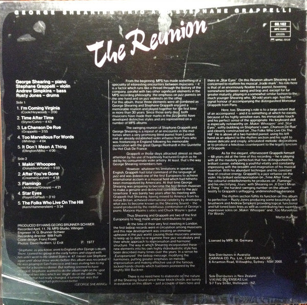 George Shearing Trio, Stéphane Grappelli – The Reunion (VG+/VG+) – LP, AU 1977 - Image 2