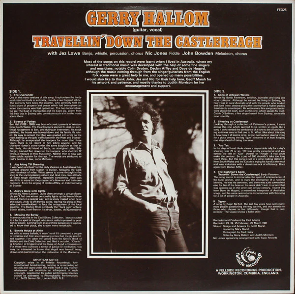 Gerry Hallom – Travellin' Down The Castlereagh (VG+/VG) – LP, UK 1981 - Image 2