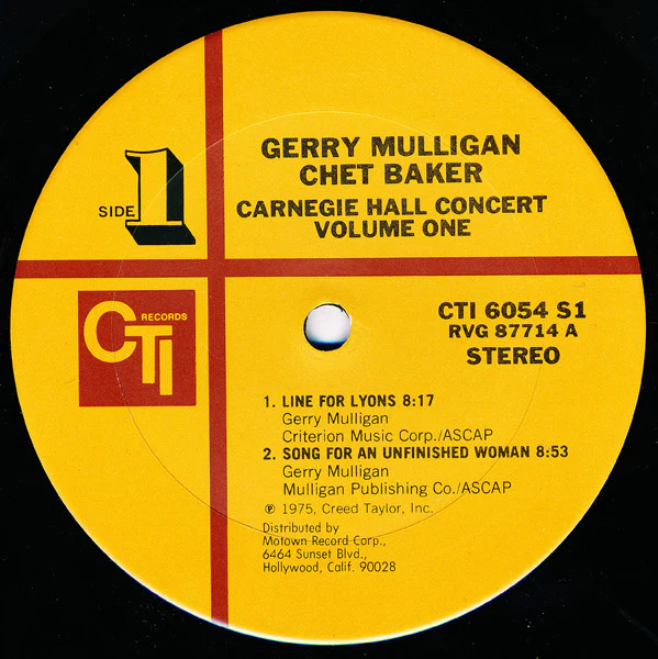 Gerry Mulligan, Chet Baker – Carnegie Hall Concert Volume 1 (VG+/VG+) – LP, US 1975 - Image 3