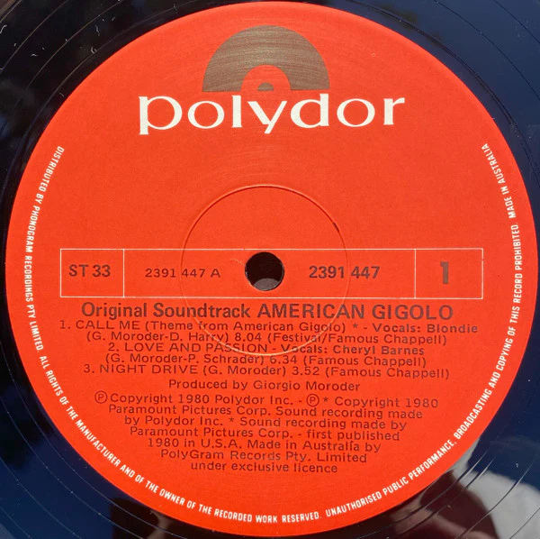 Giorgio Moroder – American Gigolo (Original Soundtrack Recording) (VG/VG) – LP, AU 1980 - Image 3
