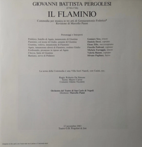 Giovanni Battista Pergolesi, Coro Del Teatro Di San Carlo, Orchestra Del Teatro Di San Carlo, Marcello Panni – Il Flaminio (NM/E) – 3xLP, IT 1984 - Image 3