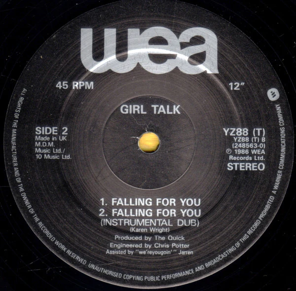 Girltalk – Falling For You (Extended Mix) (VG/VG+) – 12", UK 1987 - Image 4