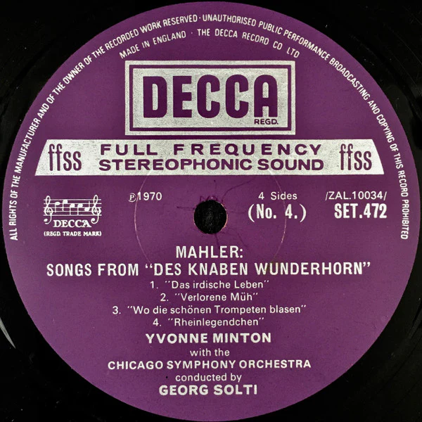 Gustav Mahler, Chicago Symphony Orchestra, Georg Solti, Yvonne Minton – Symphony No. 5 In C Minor / Songs From "Des Knaben Wunderhorn" (VG+/VG+) – 2xLP, UK 1971 - Image 5