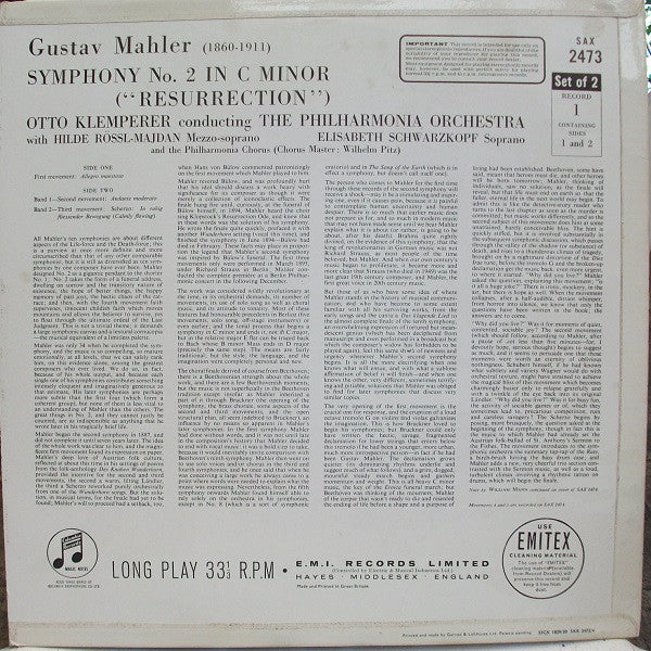 Gustav Mahler, Otto Klemperer, Philharmonia Orchestra, Philharmonia Chorus, Elisabeth Schwarzkopf, Hilde Rössel-Majdan – Symphony No. 2 (VG+/VG) – 2xLP, AU 1963 - Image 2