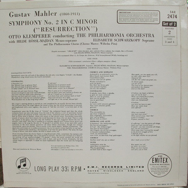 Gustav Mahler, Otto Klemperer, Philharmonia Orchestra, Philharmonia Chorus, Elisabeth Schwarzkopf, Hilde Rössel-Majdan – Symphony No. 2 (VG+/VG) – 2xLP, AU 1963 - Image 4