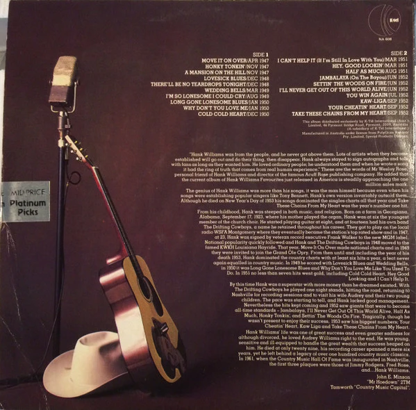 Hank Williams – The Legendary Hank Williams (VG+/VG) – LP, AU - Image 2