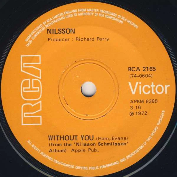 Harry Nilsson – Without You (VG+/Generic) – 7", UK 1972