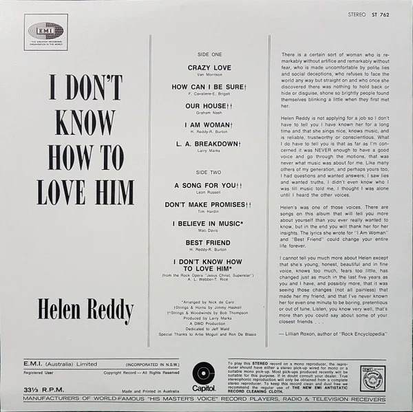 Helen Reddy – I Don't Know How To Love Him (VG+/VG+) – LP, AU 1973 - Image 2