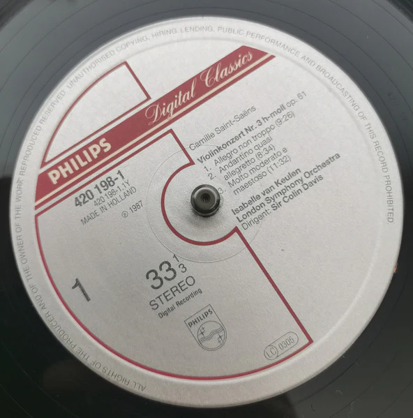 Henri Vieuxtemps, Camille Saint-Saëns, Eugène Ysaÿe, Isabelle van Keulen, London Symphony Orchestra, Sir Colin Davis – Violin Concerto No.5 / Violin Concerto No.3 / Sonata For Violin Solo No.5 (NM/VG+) – LP, EU 1987 - Image 2