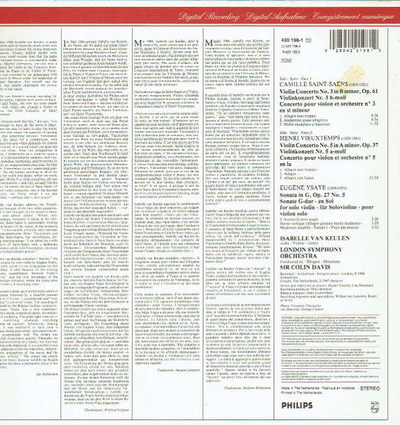 Henri Vieuxtemps, Camille Saint-Saëns, Eugène Ysaÿe, Isabelle van Keulen, London Symphony Orchestra, Sir Colin Davis – Violin Concerto No.5 / Violin Concerto No.3 / Sonata For Violin Solo No.5 (NM/VG+) – LP, EU 1987 - Image 3