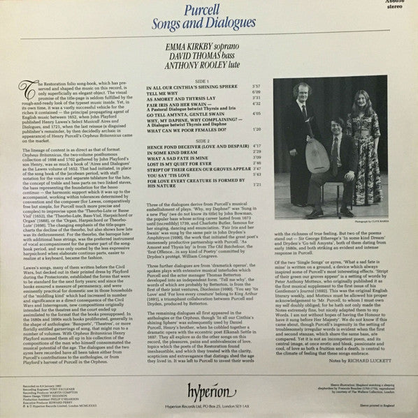 Henry Purcell, Emma Kirkby, David Thomas, Anthony Rooley – Songs And Dialogues (NM/E) – LP, UK 1982 - Image 2