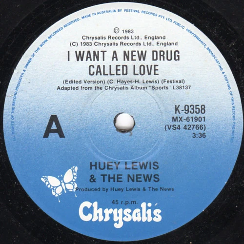 Huey Lewis & The News – I Want A New Drug Called Love (E/Generic) – 7", AU 1983