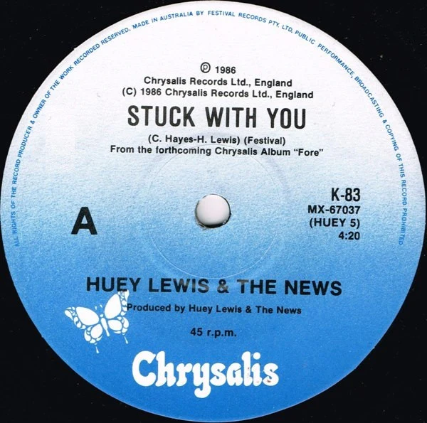 Huey Lewis & The News – Stuck With You (VG+/Generic) – 7", AU 1986