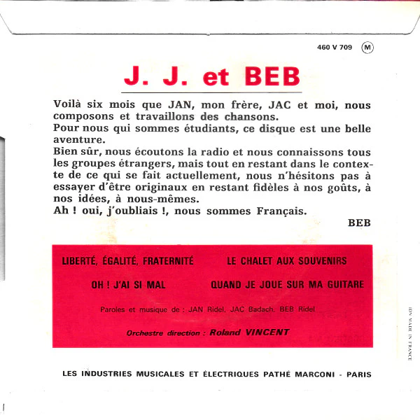 J. J. & Beb – Liberté, Egalité, Fraternité (VG/VG+) – 7", FR 1966 - Image 2