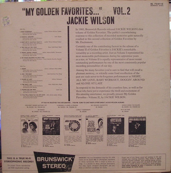 Jackie Wilson – My Golden Favorites - Vol. 2 (VG+/VG+) – LP, US 1964 - Image 2
