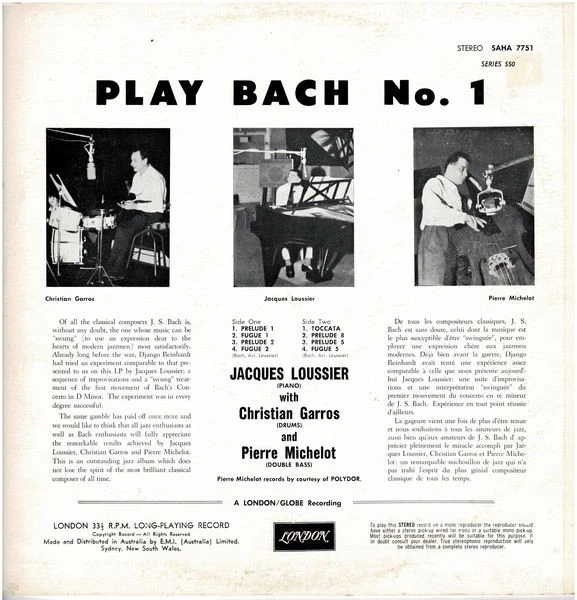 Jacques Loussier, Christian Garros, Pierre Michelot – Play Bach No. 1 (VG/VG) – LP, AU - Image 2