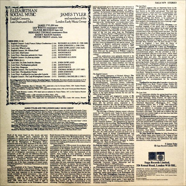 James Tyler, The London Early Music Group – Elizabethan Social Music (English Consorts, Lute Duets And Solos) (E/E) – LP, UK 1981 - Image 2