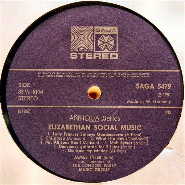 James Tyler, The London Early Music Group – Elizabethan Social Music (English Consorts, Lute Duets And Solos) (E/E) – LP, UK 1981 - Image 3
