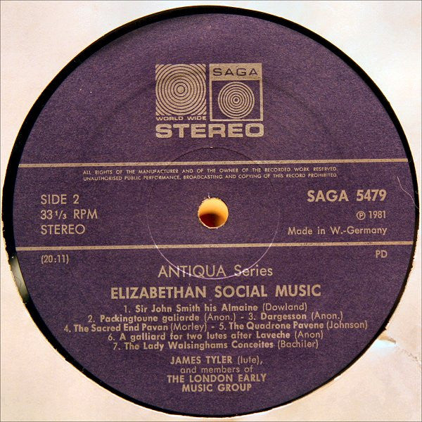 James Tyler, The London Early Music Group – Elizabethan Social Music (English Consorts, Lute Duets And Solos) (E/E) – LP, UK 1981 - Image 4