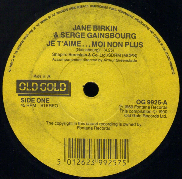 Jane Birkin, Serge Gainsbourg – Je T'Aime...Moi Non Plus / Jane B (VG/Generic) – 7", UK 1990