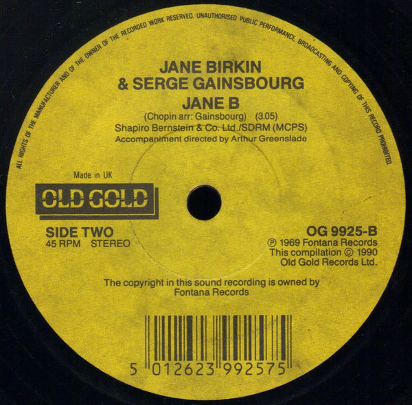 Jane Birkin, Serge Gainsbourg – Je T'Aime...Moi Non Plus / Jane B (VG/Generic) – 7", UK 1990 - Image 2