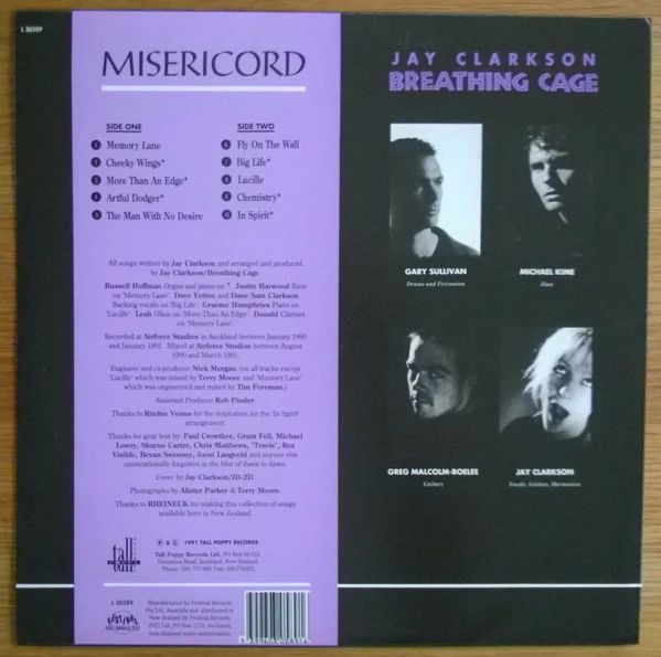 Jay Clarkson, Breathing Cage – Misericord (VG+/VG) – LP, NZ 1991 - Image 2