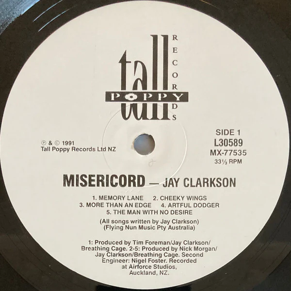 Jay Clarkson, Breathing Cage – Misericord (VG+/VG) – LP, NZ 1991 - Image 3
