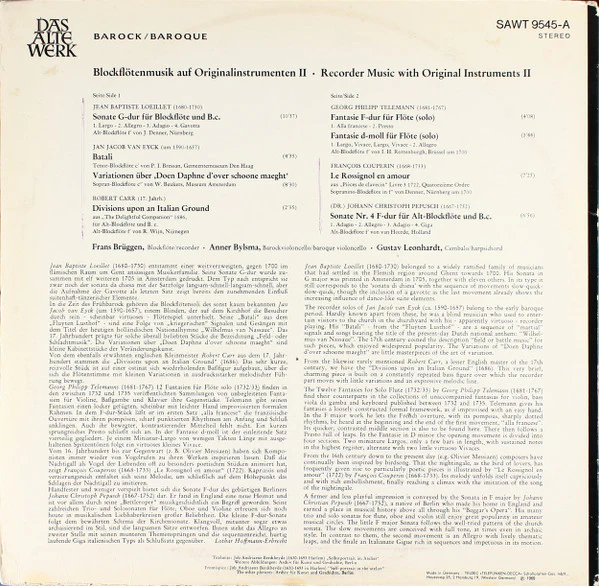 Jean-Baptiste Loeillet, Jacob Jan Van Eyck, Georg Philipp Telemann, François Couperin, Robert Carr, Johann Christoph Pepusch – Blockflötenmusik Auf Originalinstrumenten Um 1700 / Recorder Music With Original Instruments II 1700 (E/VG+) – LP, DE - Image 3