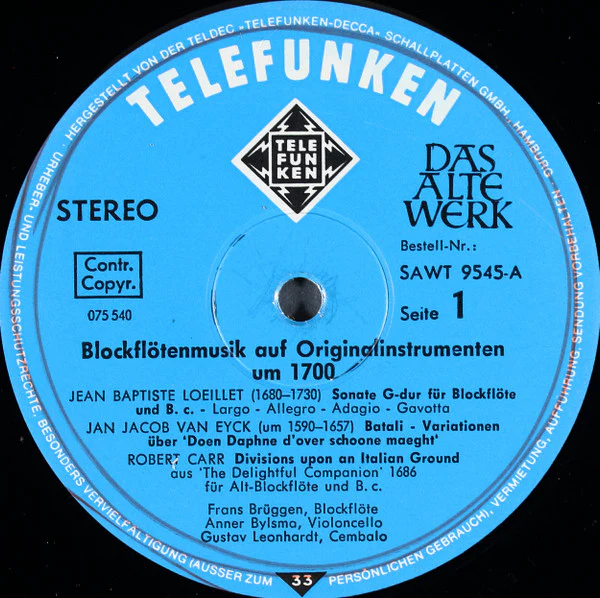 Jean-Baptiste Loeillet, Jacob Jan Van Eyck, Georg Philipp Telemann, François Couperin, Robert Carr, Johann Christoph Pepusch – Blockflötenmusik Auf Originalinstrumenten Um 1700 / Recorder Music With Original Instruments II 1700 (E/VG+) – LP, DE - Image 4