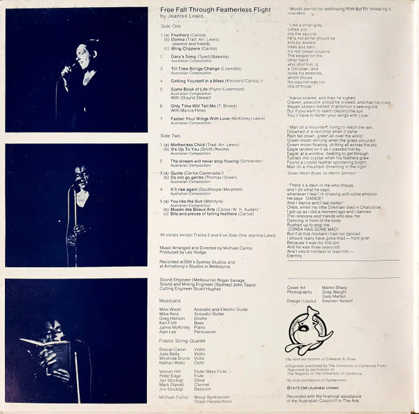 Jeannie Lewis – Free Fall Through Featherless Flight (VG/VG+) – LP, AU 1973 - Image 2