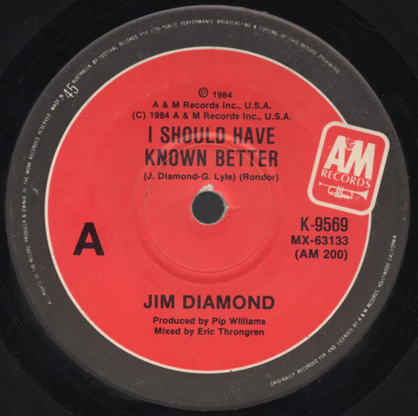 Jim Diamond – I Should Have Known Better (VG+/Generic) – 7", AU 1984