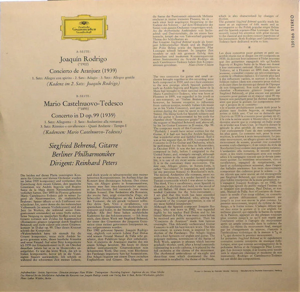 Joaquín Rodrigo, Mario Castelnuovo-Tedesco, Siegfried Behrend – Concierto de Aranjuez / Concerto In D (VG+/E) – LP, DE 1966 - Image 2