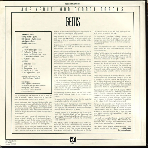 Joe Venuti, George Barnes – Gems (VG+/VG+) – LP, US 1975 - Image 2