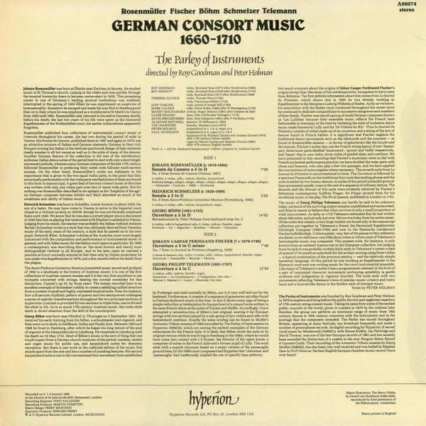 Johann Rosenmüller, Johann Caspar Ferdinand Fischer, Georg Böhm, Johann Heinrich Schmelzer, Georg Philipp Telemann, The Parley Of Instruments, Roy Goodman, Peter Holman – German Consort Music 1660-1710 (E/E) – LP, UK 1983 - Image 2