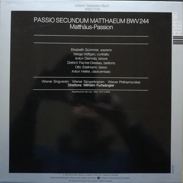 Johann Sebastian Bach, Anton Dermota, Dietrich Fischer-Dieskau, Elisabeth Grümmer, Marga Höffgen, Otto Edelmann, Wiener Akademie Kammerchor, Die Wiener Sängerknaben, Wiener Philharmoniker, Wilhelm Furtwängler – Passio Secundum Matthaeum BWV 244 (E/VG+)... - Image 2