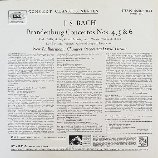 Johann Sebastian Bach, Carlos Villa, Gareth Morris, Raymond Leppard, New Philharmonia Chamber Orchestra, David Littaur – Brandenburg Concertos Nos. 4, 5 & 6 (VG+/VG+) – LP, AU 1969 - Image 2