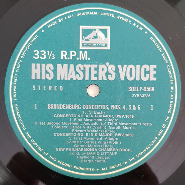 Johann Sebastian Bach, Carlos Villa, Gareth Morris, Raymond Leppard, New Philharmonia Chamber Orchestra, David Littaur – Brandenburg Concertos Nos. 4, 5 & 6 (VG+/VG+) – LP, AU 1969 - Image 3
