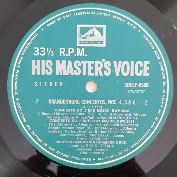 Johann Sebastian Bach, Carlos Villa, Gareth Morris, Raymond Leppard, New Philharmonia Chamber Orchestra, David Littaur – Brandenburg Concertos Nos. 4, 5 & 6 (VG+/VG+) – LP, AU 1969 - Image 4