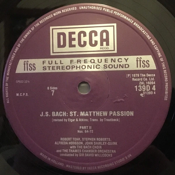 Johann Sebastian Bach, Robert Tear, John Shirley-Quirk, Felicity Lott, Alfreda Hodgson, Neil Jenkins, Stephen Roberts, St. Paul's Cathedral Choir, The Bach Choir, The Thames Chamber Orchestra, David Willcocks – St. Matthew Passion (VG+/VG+) – 4xLP, UK... - Image 10