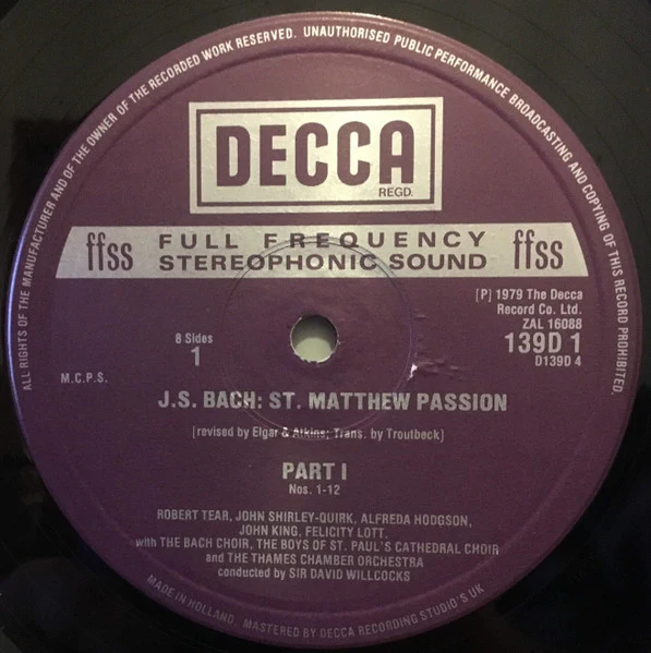 Johann Sebastian Bach, Robert Tear, John Shirley-Quirk, Felicity Lott, Alfreda Hodgson, Neil Jenkins, Stephen Roberts, St. Paul's Cathedral Choir, The Bach Choir, The Thames Chamber Orchestra, David Willcocks – St. Matthew Passion (VG+/VG+) – 4xLP, UK... - Image 4