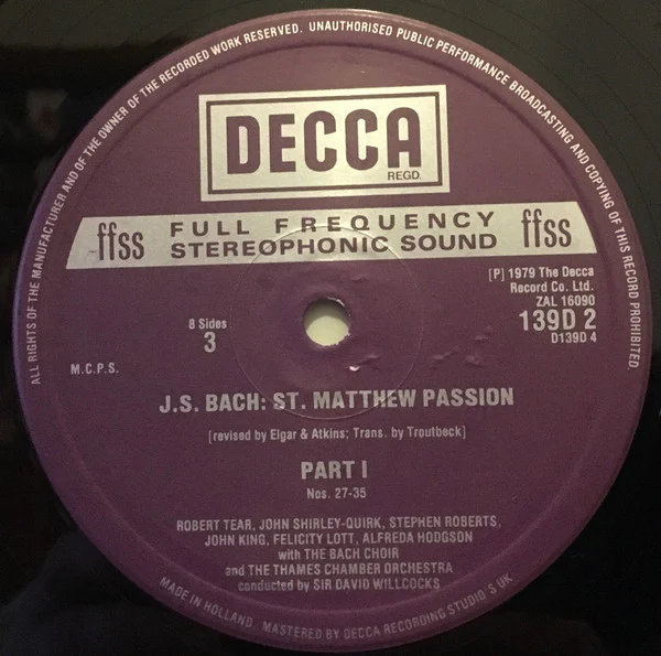 Johann Sebastian Bach, Robert Tear, John Shirley-Quirk, Felicity Lott, Alfreda Hodgson, Neil Jenkins, Stephen Roberts, St. Paul's Cathedral Choir, The Bach Choir, The Thames Chamber Orchestra, David Willcocks – St. Matthew Passion (VG+/VG+) – 4xLP, UK... - Image 6