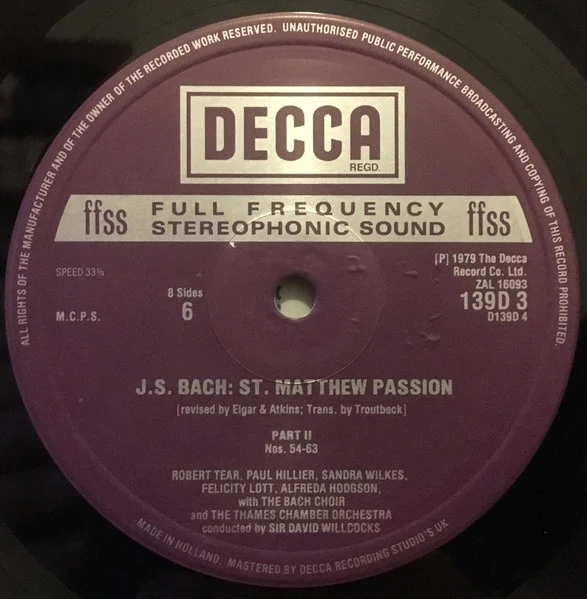 Johann Sebastian Bach, Robert Tear, John Shirley-Quirk, Felicity Lott, Alfreda Hodgson, Neil Jenkins, Stephen Roberts, St. Paul's Cathedral Choir, The Bach Choir, The Thames Chamber Orchestra, David Willcocks – St. Matthew Passion (VG+/VG+) – 4xLP, UK... - Image 9