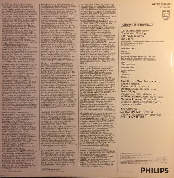 Johann Sebastian Bach, The Academy Of St. Martin-in-the-Fields, Sir Neville Marriner – Das Musikalische Opfer = The Musical Offering BWV 1079 (VG+/VG+) – LP, EU 1979 - Image 2