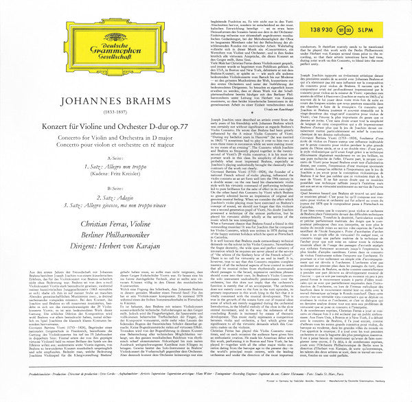 Johannes Brahms, Christian Ferras, Herbert von Karajan, Berliner Philharmoniker – Violinkonzert In D-dur (VG+/VG+) – LP, DE 1967 - Image 2
