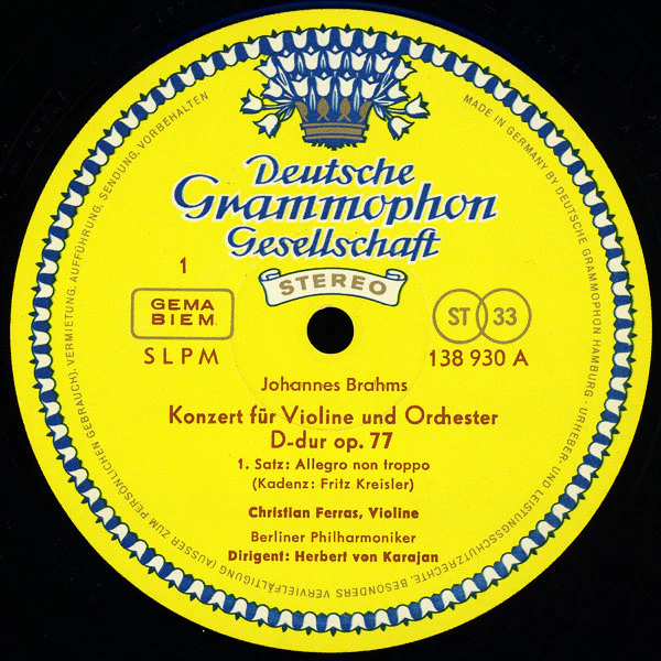 Johannes Brahms, Christian Ferras, Herbert von Karajan, Berliner Philharmoniker – Violinkonzert In D-dur (VG+/VG+) – LP, DE 1967 - Image 3