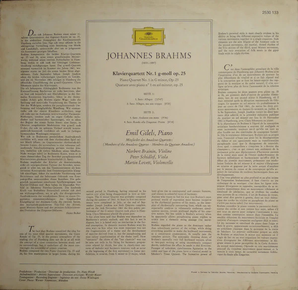 Johannes Brahms, Emil Gilels, Amadeus-Quartett – Klavierquartett G-moll Op. 25 = Piano Quartet in G Minor, Op. 25 (VG+/VG+) – LP, DE 1971 - Image 2