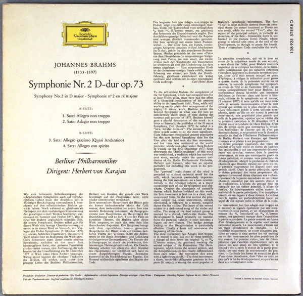 Johannes Brahms, Herbert von Karajan, Berliner Philharmoniker – Symphonie Nr. 2 (VG+/VG+) – LP, DE 1972 - Image 2