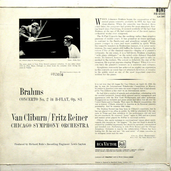Johannes Brahms, Van Cliburn, Fritz Reiner, Chicago Symphony Orchestra – Concerto No. 2 (VG/VG) – LP, UK - Image 2