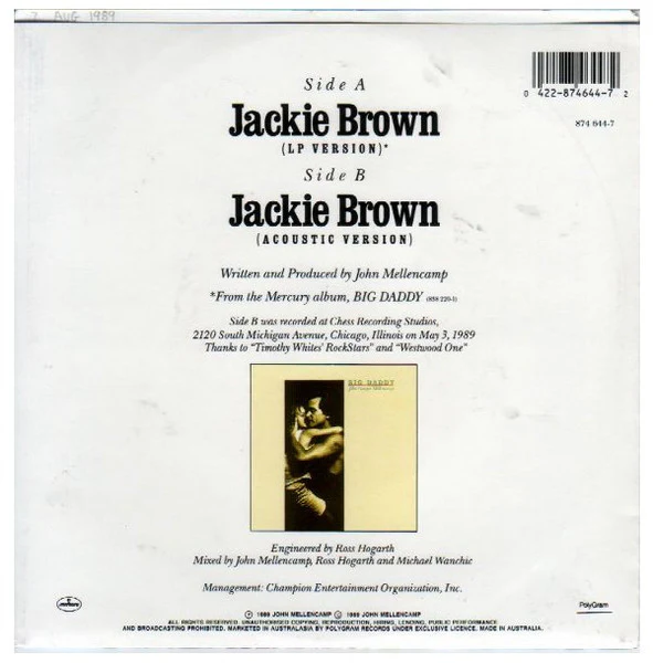 John Cougar Mellencamp – Jackie Brown (VG+/VG+) – 7", AU 1989 - Image 2