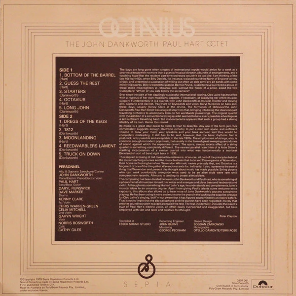 John Dankworth Paul Hart Octet – Octavius (VG+/VG) – LP, AU 1979 - Image 2